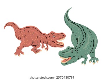 T rex dinosaurs in battle. Tyrannosaurus predator. Extinct reptile of the Jurassic period. Paleontology and animals. Vector art illustration on white background