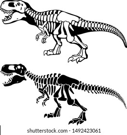 T rex dinosaurs bones negative space silhouette illustrations set. Prehistoric creatures isolated monochrome cliparts pack. Paleontology and archeology. Dangerous ancient predator design element