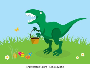T rex Easter trouble vector. Tyrannosaurus with a Easter eggs. Angry Easter T rex. Dinosaur Easter problem. T rex funny illustration