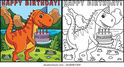 T Rex with Happy Birthday Coloring Illustration