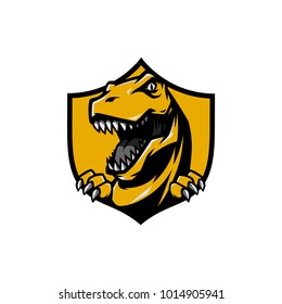 T Rex Head mascot sports logo illustration with hand