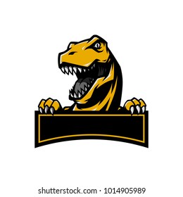 T Rex Head mascot sports logo illustration with hand