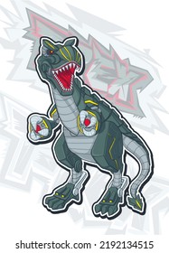 T rex illustration with graffiti background. Cartoon robot dinosaur poster. Robotically dino t shirt design.