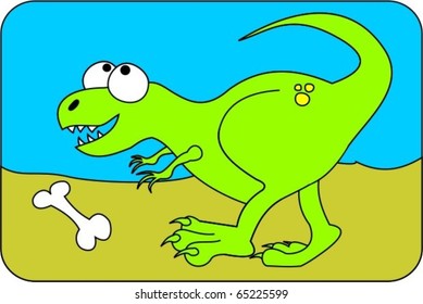 T Rex looking playful standing over a bone