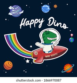T rex en un viaje espacial con un título Feliz Dino