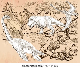 T Rex, Plesiosaur and Pterosaur. DINOSAURS. Life in the prehistoric time. Freehand sketching, line art. Hand drawn vector illustration. Colored background is isolated. Line art. Editable vector.