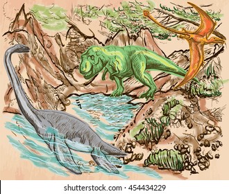 T Rex, Plesiosaur and Pterosaur. DINOSAURS. Life in the prehistoric time. Freehand sketching, line drawing. Hand drawn vector. Colored background is isolated. Colored Line art. Editable vector.