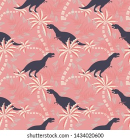 T. Rex in a prehistoric forest on a pink background. Seamless pattern. For textiles, fabrics, paper, Wallpaper