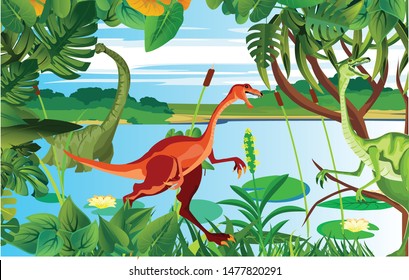 T rex raptor dinosaurs on the lake coast, prehistoric life scene, vector illustration