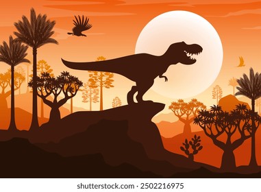 T rex silhouette on mountain sunset landscape. Jurassic forest nature vector background with tyrannosaurus dinosaur shadow. T rex, argentavis and dimorphodon dino animals, trees, mountains and sun