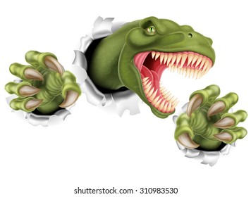 A T Rex Tyrannosaurus Rex dinosaur scratching, ripping and tearing through the background with its claws
