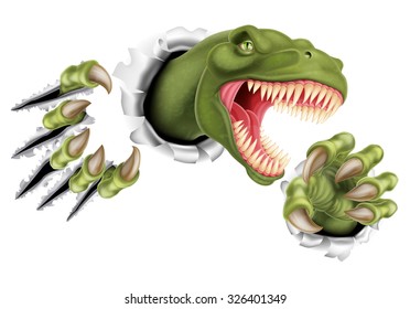 A T Rex Tyrannosaurus Rex dinosaur scratching, ripping and tearing through the wall with its claws