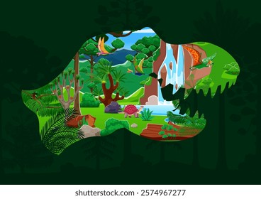 T rex tyrannosaurus dinosaur silhouette. Jurassic era landscape vector background with with dimorphodon, tapejara, quetzalcoatlus, carbonemys dinosaurs cartoon characters, waterfall and jungle forest