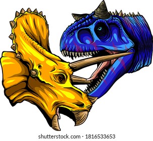 T Rex versus Triceratops Illustration mit einem Tyrannosaurier rex angreifen einen Triceratops Dinosaurier