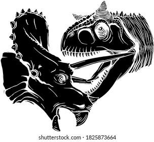 T Rex Versus Triceratops illustration black silhouette tyrannosaurs rex attacking a triceratops dinosaur