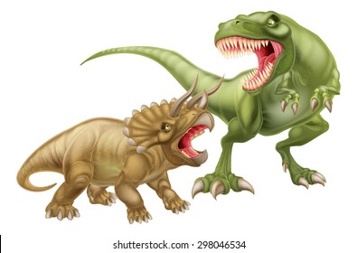 T Rex Versus Triceratops illustration with a tyrannosaurs rex attacking a triceratops dinosaur