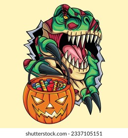 T rex zombie hold pumpkin vector illustration for your company or brand