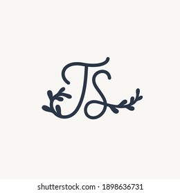 T S TS monogram logo. Ts minimalist handwriting initials or icon with floral elements. Design for wedding invitation, floral and botanical shop. Black and white minimalist vector illustration