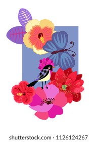T schirt print with abstract cute bird, butterfly and exotic flowers on blue background in vector. Greeting or invitation card.