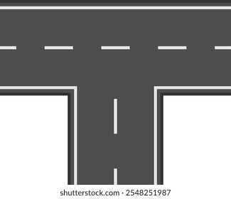 Marcação de interseção de estrada em forma de T, estrada asfaltada com linhas divisórias brancas criando uma encruzilhada, simbolizando escolhas, direções e viagens