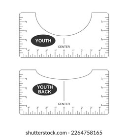 T shirt alignment guide. Youth size front and back template. Ruler for centering clothing design. Sewing measurement tool with markup and numbers for print or laser cut. Inches calibration.