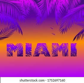 T shirt and apparel print with Miami sunset and palm trees for fashion design, typography, beach night party poster