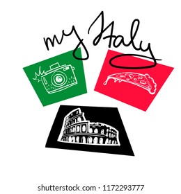 t shirt deign I love Italy. Coliseum, photo camera, slice of pizza. 