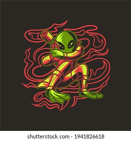 diseño de camiseta alienígena en posición de puntería con ilustración de arma