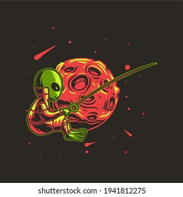 t shirt design alien fishing illustration