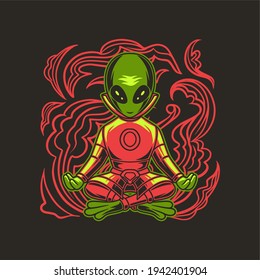 t shirt design alien gymnastics sitting pose yoga illustration