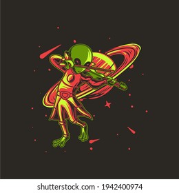 diseño de camiseta alienígena tocando el violín contra la ilustración de fondo del planeta