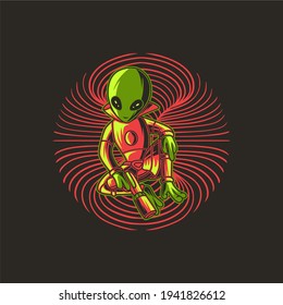 T-Shirt-Design-Alien sitzt mit einer Schussgrafik übersät