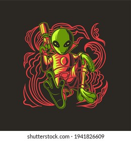 diseño de camiseta alienígena en posición sentada sosteniendo una ilustración de un arma