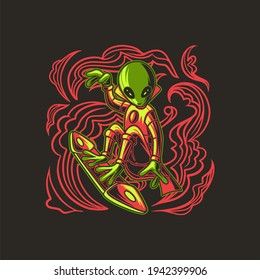 t shirt design alien the waves in style surfing illustration