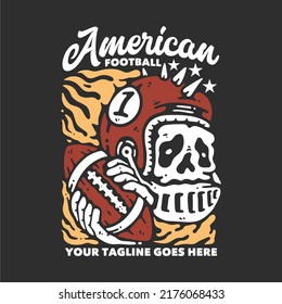 t shirt design american football with skull wearing football helmet and holding rugby ball with gray background vintage illustration