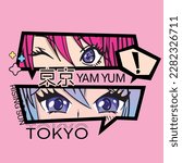 T shirt design Anime girl with big eyes and pink hair. Fashionista poster.
