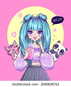 T shirt design anime girl with blue hair, panda and cat. Fashionista poster.