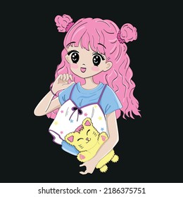 T shirt design anime girl with pink hair, yellow cat. Fashionista poster.