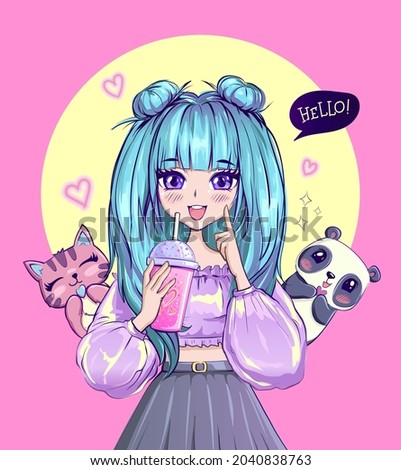 T shirt design anime girl with blue hair, panda and cat. Fashionista poster.