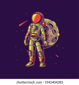 t shirt design astronaut carrying an bag against the moon adventure illustration