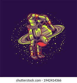 t shirt design astronaut exercises with hands down and feet up with planet background yoga illustration