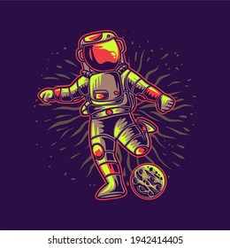 t shirt design astronaut flips kicking the moon football illustration