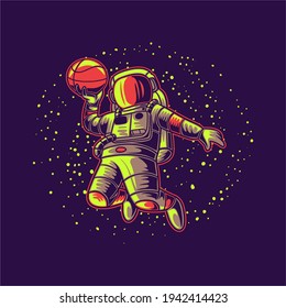 astronauta de diseño de camisetas con fondo de galaxia ilustración de baloncesto