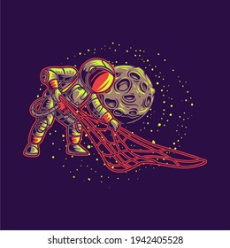 t shirt design astronaut looking for fish with a net fishing illustration