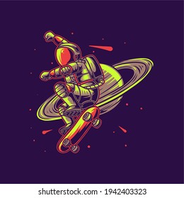 t shirt design astronaut with planet background skateboard illustration