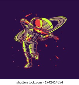 t shirt design astronaut playing the violin against the planet background illustration