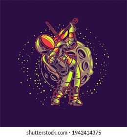 t shirt design astronaut playing the violin against the moon background illustration