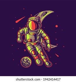 t shirt design astronaut playing soccer on a crescent moon background football illustration