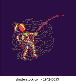 t shirt design astronaut pulling fish fishing illustration