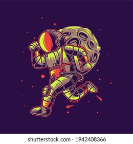 t shirt design astronaut running against the background of the moon illustration